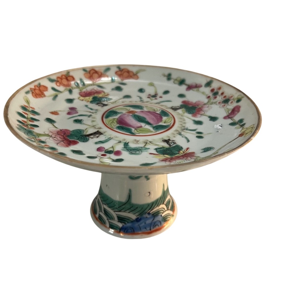 Antique Chinese Qing Dynasty Famille Rose Porcelain Tazza Pedestal Dish Peach